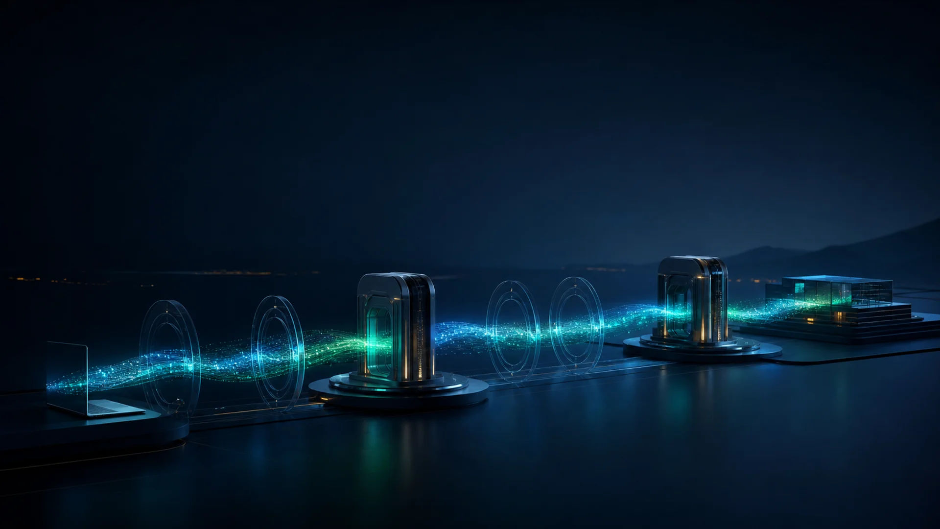 A luminous information path moving through a sequence of Citadel protection boundaries and two gateway nodes