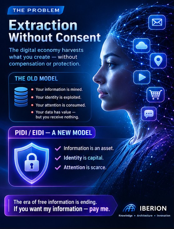 Diagram contrasting the old model — information mined, identity exploited, attention consumed, value returned to the person — with the PIDI and EIDI model, in which information is an asset, identity is capital, and attention is scarce.