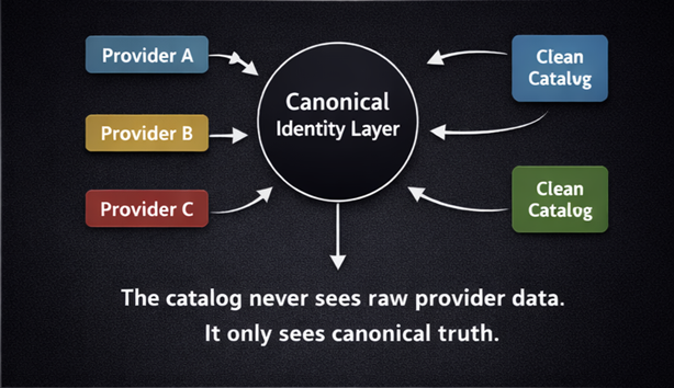 Multiple providers passing through a canonical identity layer into a clean catalog