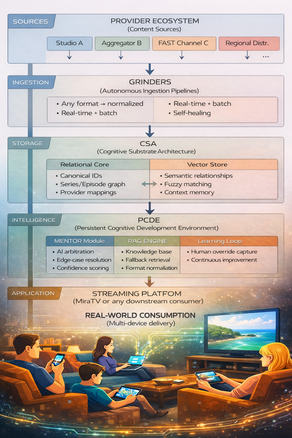 Provider ecosystem, ingestion, cognitive storage, PCDE intelligence, and downstream streaming consumption